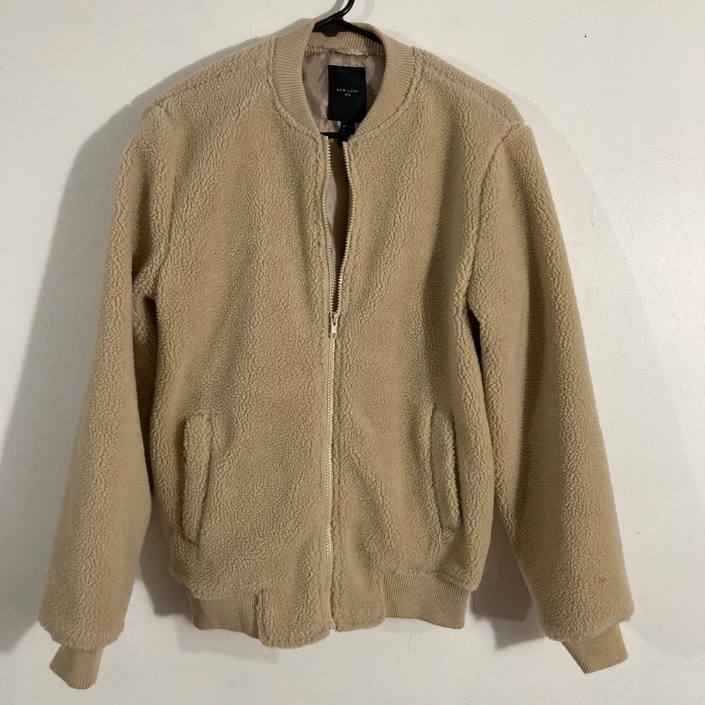 New Look Bomber Jacket Mens XS Tan Sherpa Borg Teddy Fleece BORG COZY
